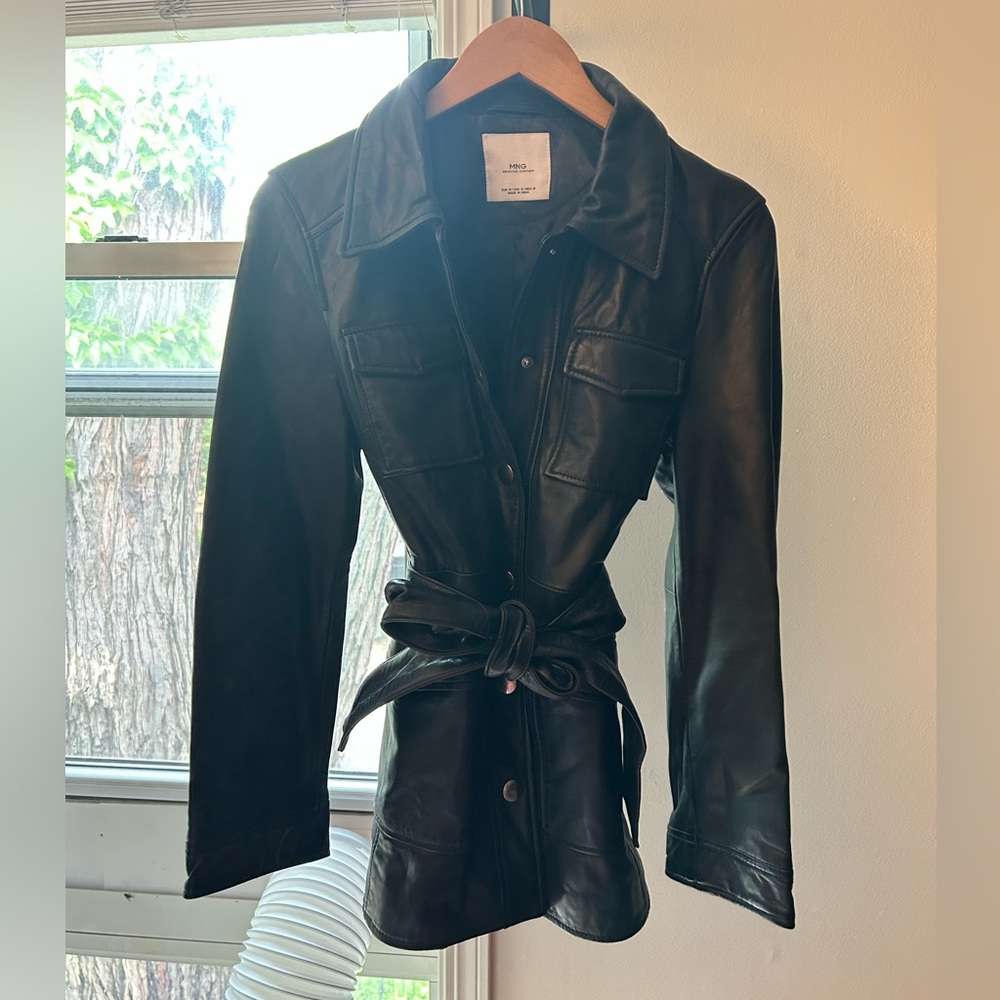 Mango Black genuine Leather belted jacket 70s minimal button down M